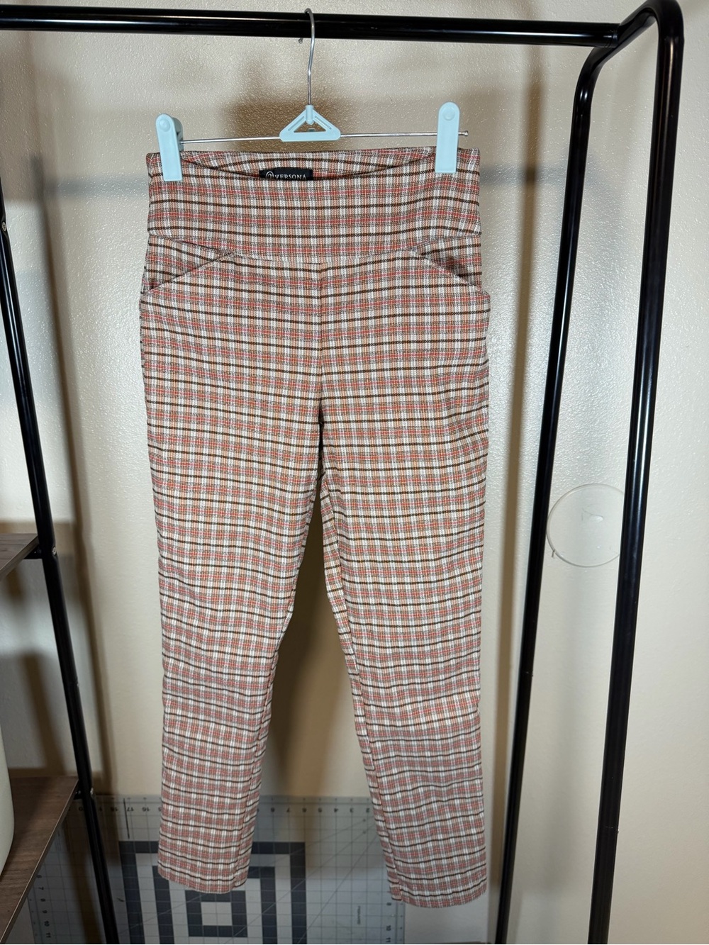 Versona Plaid Slim Ankle Pants in Rust, Cream and Tan